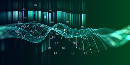Big Data. Abstract  background with chaotic polygonal color grid and blurred data on dark....