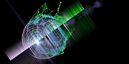 Abstract polygonal  futuristic color background with wavy color grid, data and blurred lines. Big...