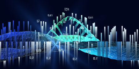 Abstract polygonal  futuristic color background with wavy color grid, data and blurred lines. Big Data. Banner for business, science and technology.の写真素材