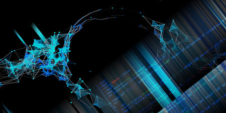 Abstract background with polygonal grid, lines and  code.  Big data.  Business, technology and...