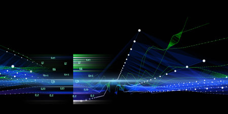 Abstract  background techno with dots connecting in color grid and blurred lines on dark. Futuristic...