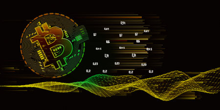 Background futuristic of poligonale wire grid, bitcoin and blurred lines. Mining banner blockchain...