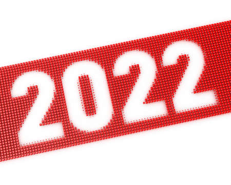3D illustration background 2022 construct from red cubes isolated on white. Futuristic holiday banner.の写真素材