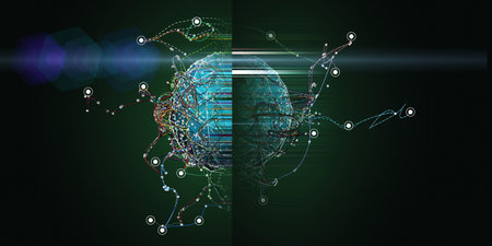 Abstract background with chaotic  lines connecting dots of sphere on dark. Analytics algorithms...