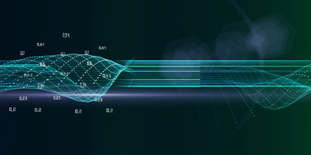 Abstract  futuristic background with wavy wireframe grid, data and blurred lines on dark. Big Data. Banner for business, science and technology.の写真素材