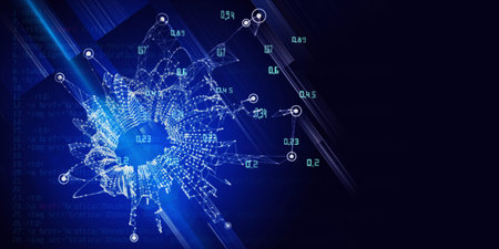Abstract technology background with polygonal grid analyze and code. Analytics algorithms data....