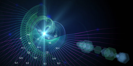 Abstract color background with radial wireframe and data on dark. Banner for  business, science and...