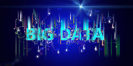 Abstract background with chaotic  lines and  wireframe big data text on blue.  Analytics algorithms data. Cryptography concept. Banner for business, science and technology.  Big data.の写真素材