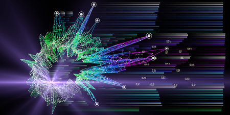 Abstract background with polygonal grid analyze and blurred lines on dark. Analytics algorithms...