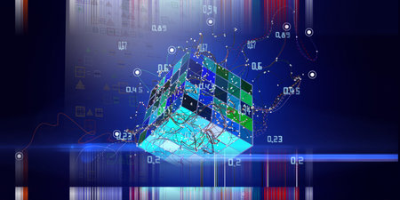 Abstract technology background with  lines connecting dots of poly cube and blurred lines. Big data....