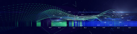 Abstract background with polygonal wireframe grid connecting dots on dark. Analytics data...