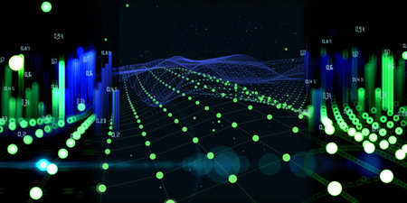 Abstract background with polygonal noisy grid and data in defocus. Analytics data algorithms. Big...