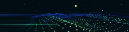 Abstract background with polygonal noisy grid connecting dots on dark. Analytics data algorithms....