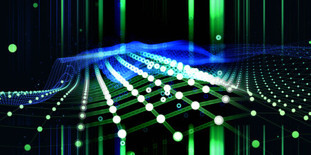Abstract background with polygonal noisy grid  blurred lines and dots. Analytics data algorithms....