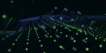 Abstract background with polygonal noisy grid, blurred lines and data on black. Big Data. Analytics data algorithms. Quantum concept.  Banner for business, science and technology.の写真素材