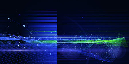 Abstract technology background with polygonal  color grid and blurred lines on dark. Analytics...