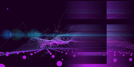Abstract technology background with polygonal noisy grid and blurred lines on purple. Analytics data...