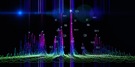 Abstract technology background with noisy algorithm color lines, data and star effect on black....