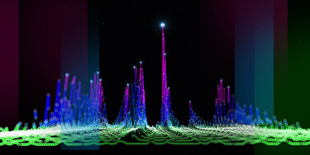 Abstract technology background with noisy algorithm color lines on dark. Big Data. Analytics data algorithms. Computing concept.  Banner for business, science and technology.の写真素材