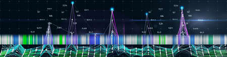 Abstract technology background with color lines and data on dark. Visual presentation of analytics digital algorithms.  Big Data. Computing concept. Banner for business, science and technology.の写真素材