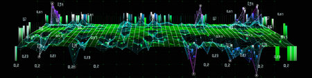 Abstract  background with wireframe technology grid and blurred  lines on black. Visual 3d...
