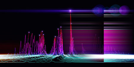 Abstract technology background with noisy algorithm color blurred lines. Analytics data algorithms. Computing concept. Big Data.  Banner for business, science and technology.の写真素材