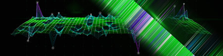 Abstract  background with wireframe technology grid and blurred  lines on black. Visual 3d...
