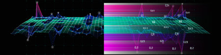 Abstract  background with wireframe technology grid and blurred  lines on black. Visual presentation...