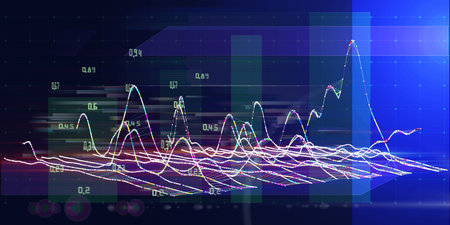 Abstract  background with color wireframe and data on blue. Visual presentation of analytic research...