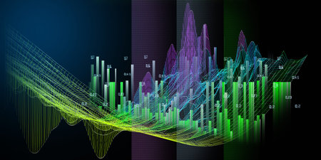 Abstract technology background with bending color grid on black. Visual presentation of analytics 3d...