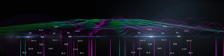 Abstract technology background with wireframe wavy graph from dotted. Visual presentation of...