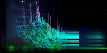 Abstract  background with bending color 3d grid and data. Big data. Technology concept. Visual...