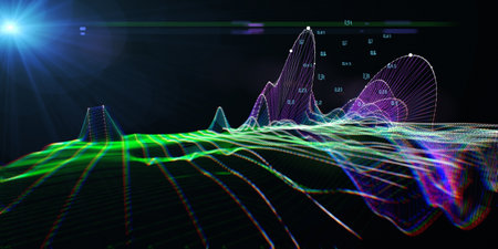 Abstract  background virtual color graph wavy grid with  lines and spot. Big Data.  Presentation concept of 3d algorithms.  Banner for business, science and technology.の写真素材