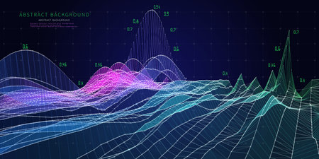 Abstract  background with grid and data on dark blue. Technology 3d concept.  Visual presentation analysis of color graph data. Big data.  Banner for business, science and technology data analytics representation.のイラスト素材