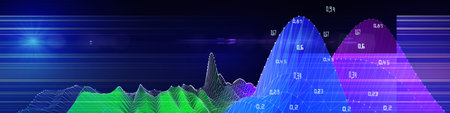 Abstract  background wavy grid with color blurred lines and data on dark. Presentation concept of...