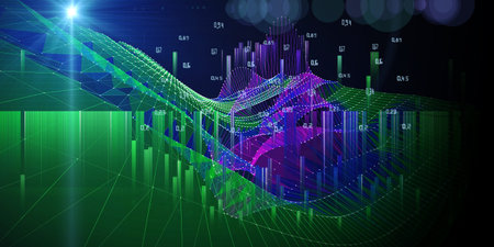 Abstract  background polygonal grid with data lines on dark. Big Data. Presentation concept of color...