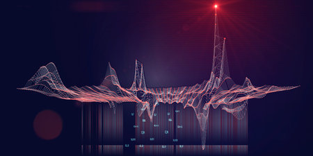 Abstract  background contain white wireframe with red dots and data on blue. Big Data. Technology 3d...