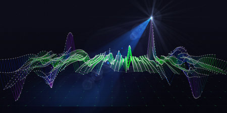 Abstract background contain graph chaotic noise dotted grid and light. Big Data. Technology polygonal concept in dark virtual space. Banner for business, science and technology data analytics representation.の写真素材