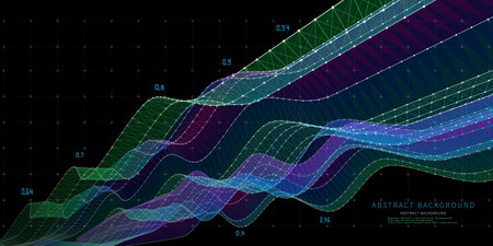 Abstract  background poly data graph grid  from dots and lines on black. Technology  wireframe  concept data in virtual space. Big Data. Banner for business, science and technology data analytics.のイラスト素材