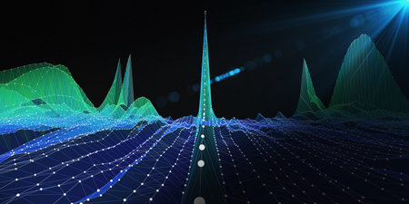 Abstract  background color wavy wireframe and dots with spot on dark. Big Data. Technology ...