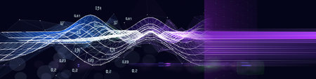 Abstract  background wavy grid  with  data on dark. Plexus  wireframe concept  in virtual space....