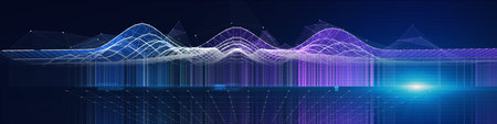 Abstract  background wavy grid  with shines effects on dark blue. Plexus  wireframe concept  in...