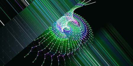 Abstract  background twisting wireframe grid from dots and blurred lines on black. Big Data....