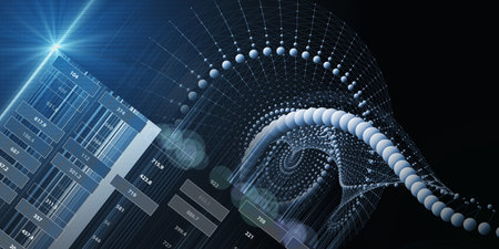 Abstract  background twisting wireframe grid from spheres in light and data on black. Technology...