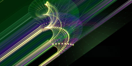 Abstract  background twisting radial  wireframe grid withglow dots and blurred lines on black. Big Data. Technology concept data grid.  Banner for business, science and technology data analytics.の写真素材