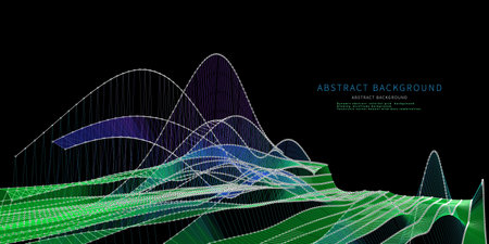 Abstract  background  graph wavy with circles and  lines on black. Technology wireframe concept in virtual space. Banner for business, science and technology data analytics.のイラスト素材