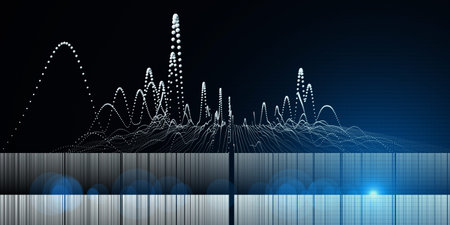 Abstract background graph  wavy grid with spheres, blurred line and light. Technology wireframe...