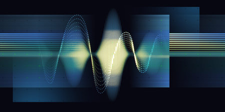 Abstract background with blue  sound wave lines and blurred lines on black. Technologyl sound wave...