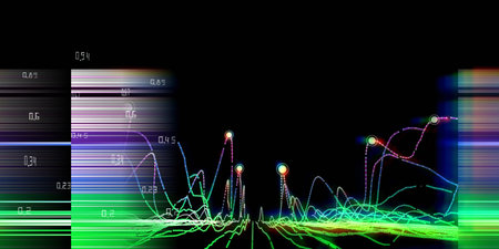 Abstract background graph wavy color data lines with white points and data. Technology interlacement...