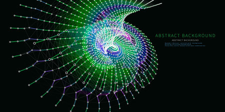 Abstract  background twisting wireframe grid from color faces and rectangles on black. Technology concept data grid. Big Data.  Banner for business, science and technology data analytics.のイラスト素材
